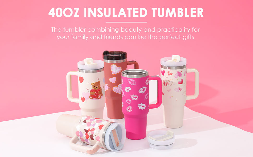 40 Oz Tumbler W/Handle Straw Insulated, Stainless Steel Gifts For Valentine & Holiday themes