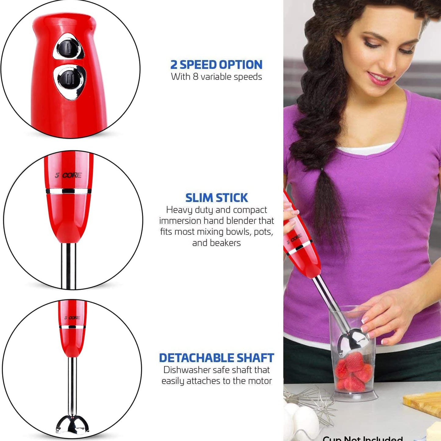 5 Core Handheld Blender, 8-Speed Stainless Steel Blades for Perfect Smoothies, Puree Baby Food & Soup