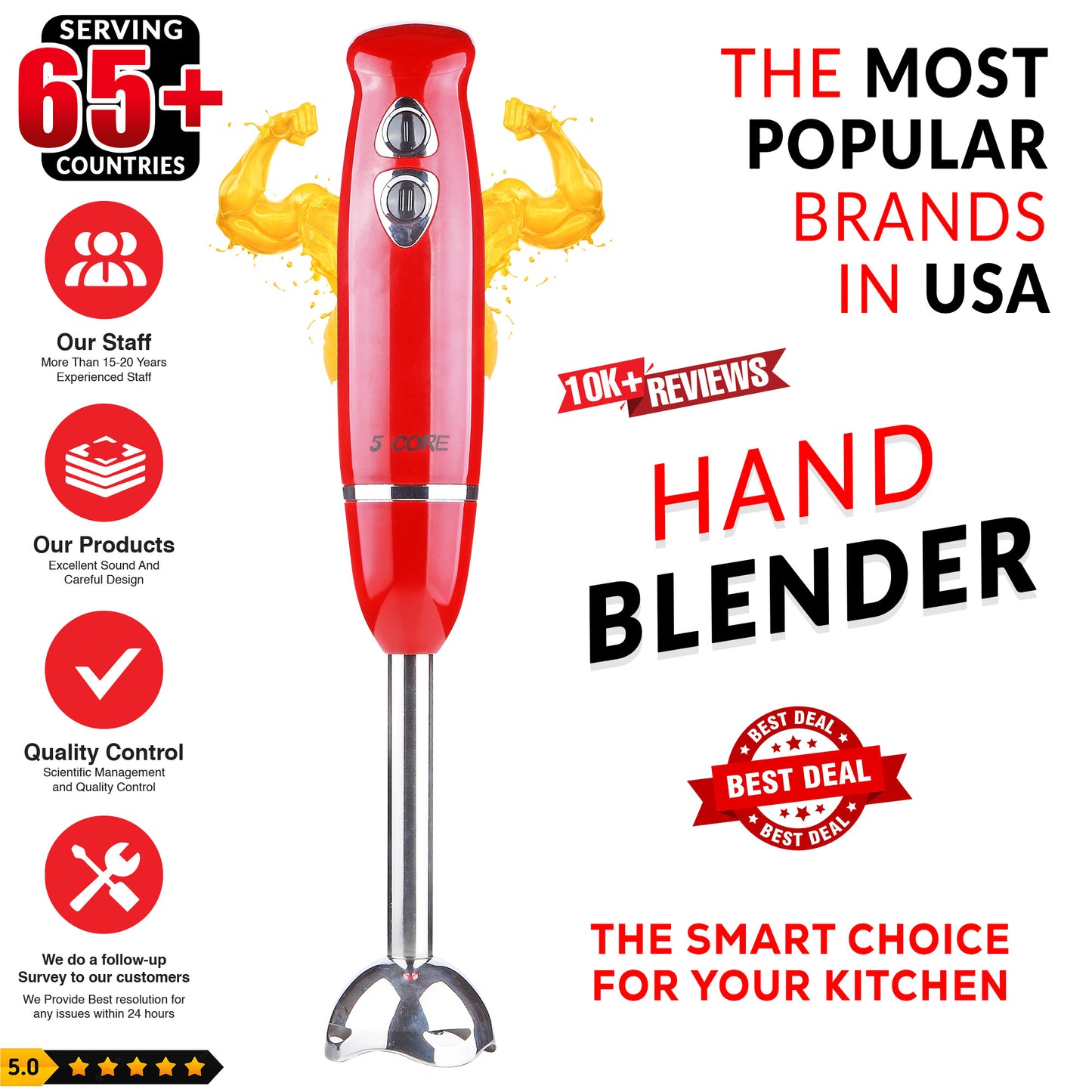 5 Core Handheld Blender, 8-Speed Stainless Steel Blades for Perfect Smoothies, Puree Baby Food & Soup