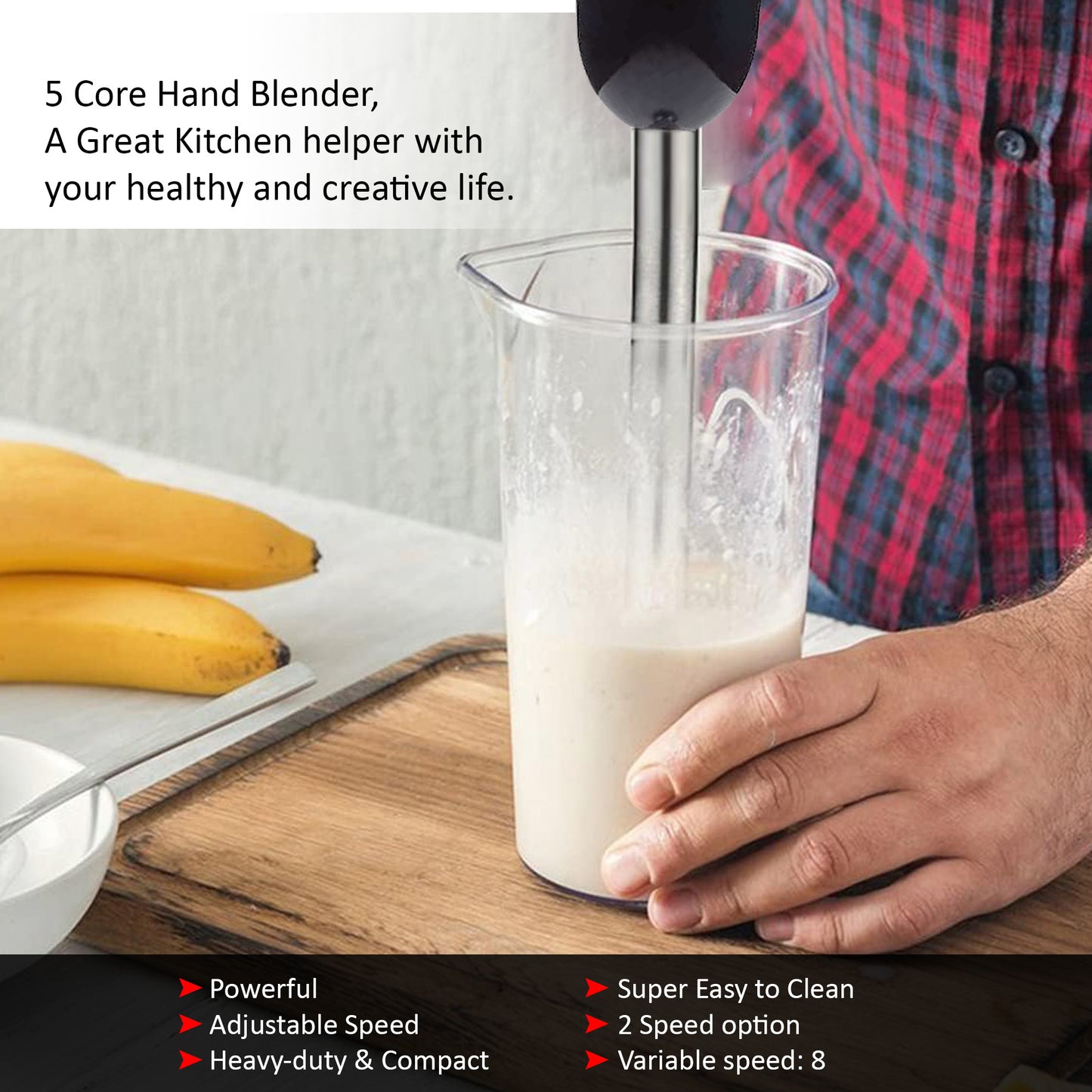 5 Core Handheld Blender, 8-Speed Stainless Steel Blades for Perfect Smoothies, Puree Baby Food & Soup