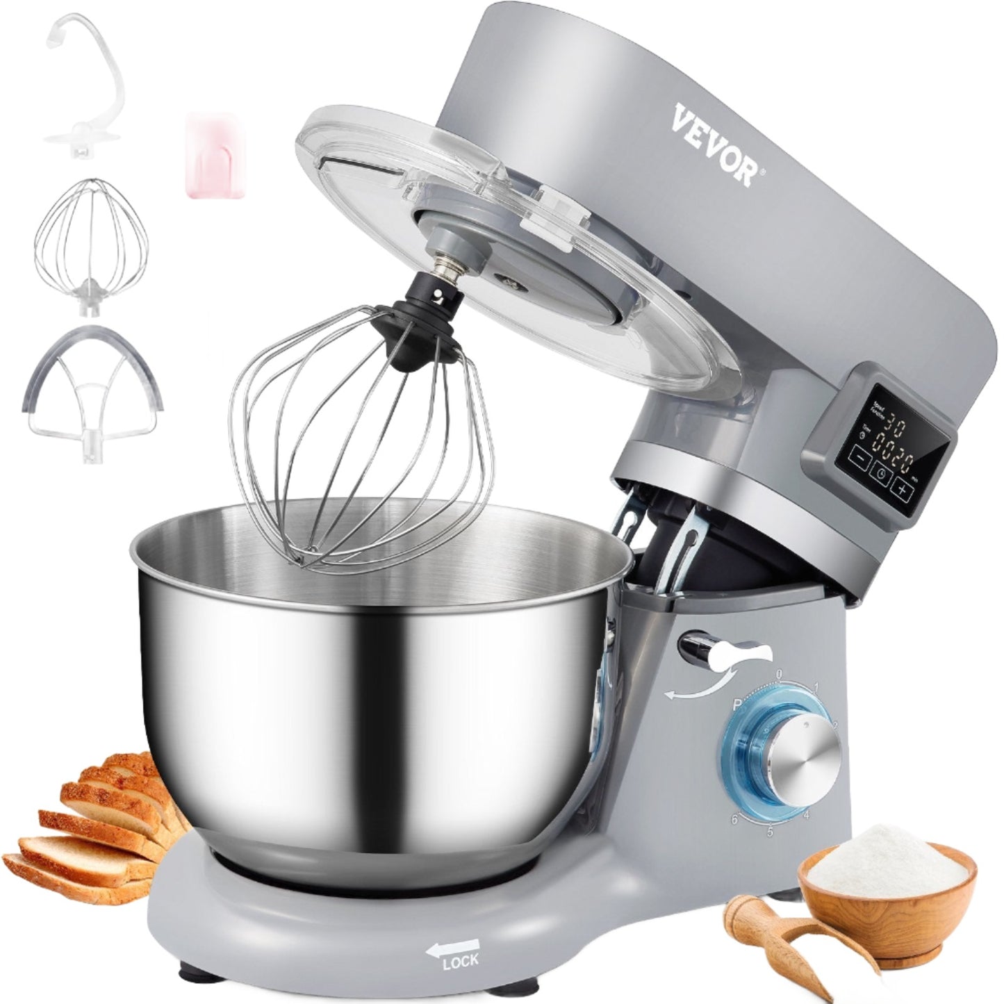 VEVOR Stand Mixer; 660W Electric Dough Mixer with 6 Speeds LCD Screen Timing