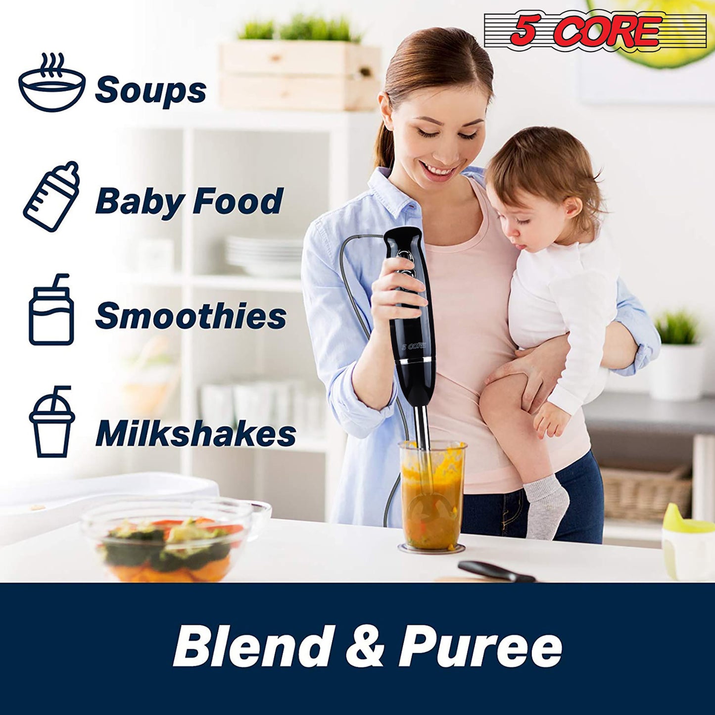 5 Core Handheld Blender, 8-Speed Stainless Steel Blades for Perfect Smoothies, Puree Baby Food & Soup