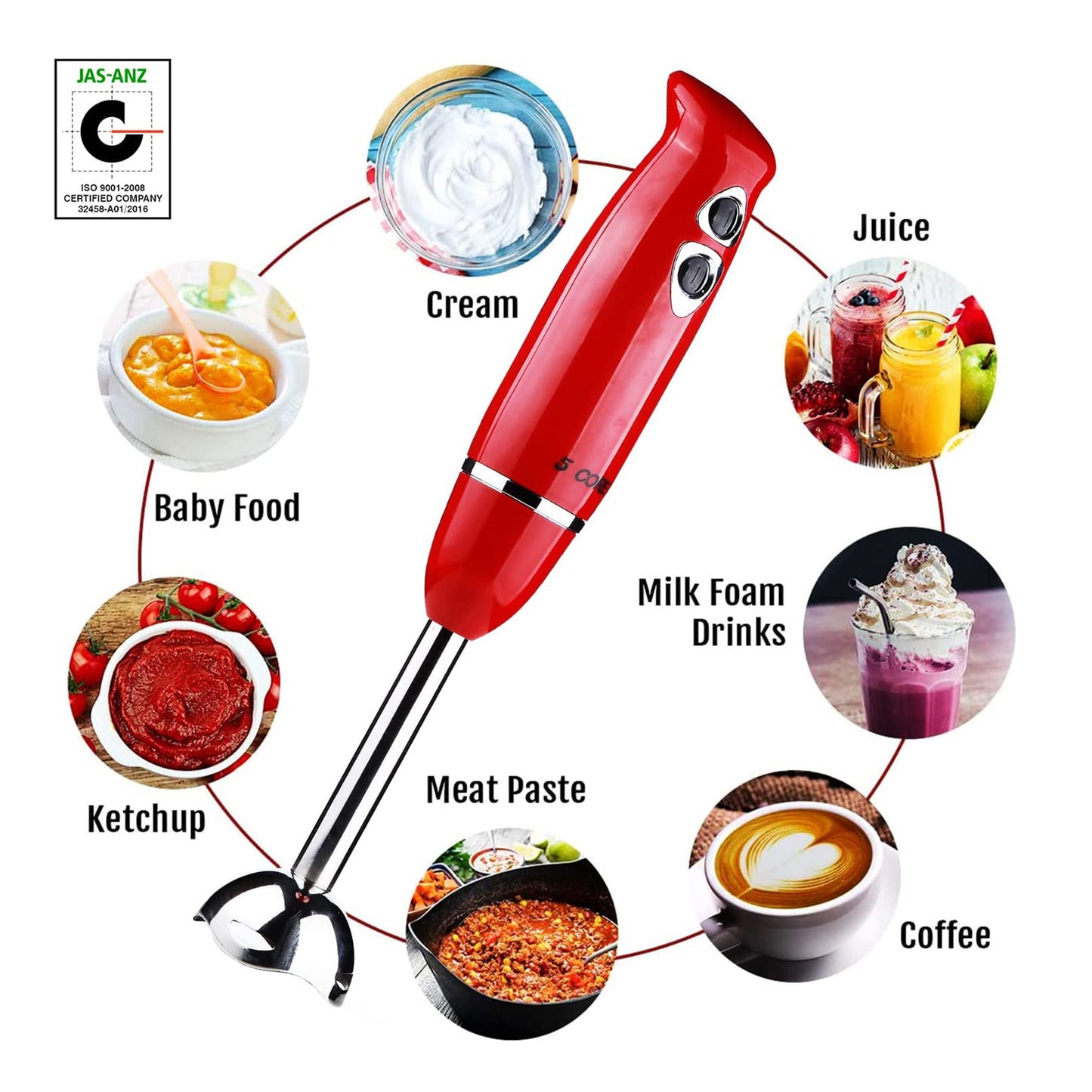 5 Core Handheld Blender, 8-Speed Stainless Steel Blades for Perfect Smoothies, Puree Baby Food & Soup