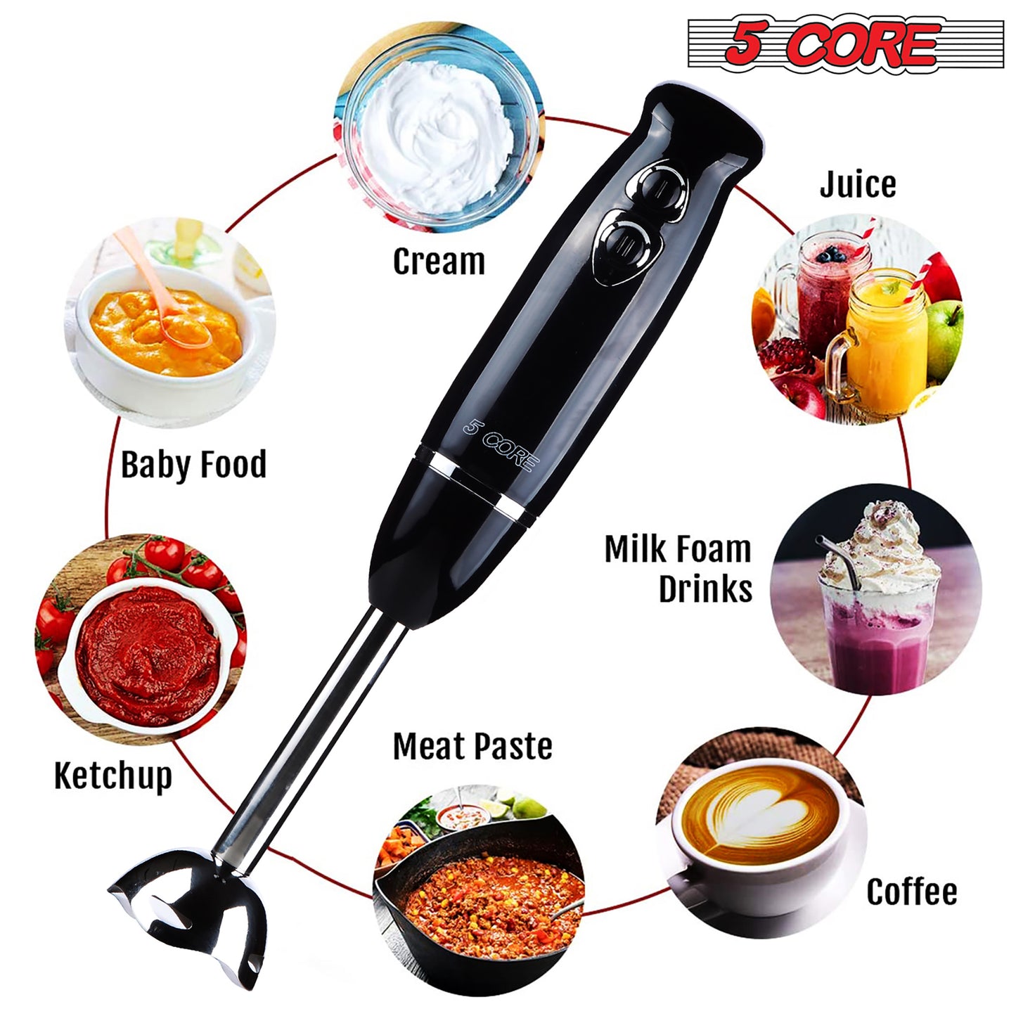 5 Core Handheld Blender, 8-Speed Stainless Steel Blades for Perfect Smoothies, Puree Baby Food & Soup