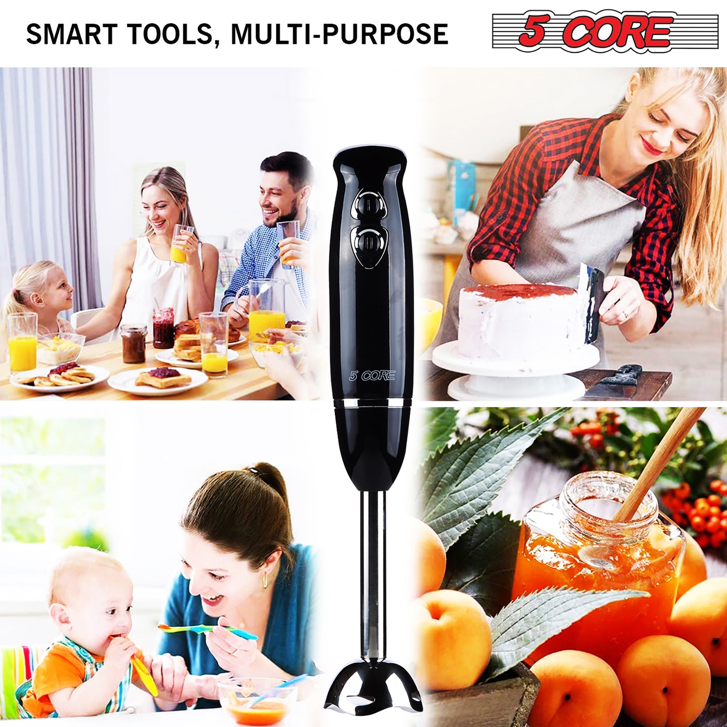 5 Core Handheld Blender, 8-Speed Stainless Steel Blades for Perfect Smoothies, Puree Baby Food & Soup