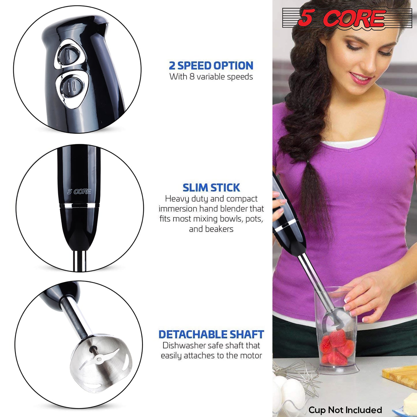 5 Core Handheld Blender, 8-Speed Stainless Steel Blades for Perfect Smoothies, Puree Baby Food & Soup